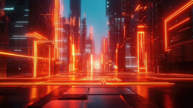 Futuristic city street glowing with digital neon data lines