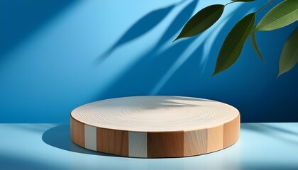 Wood And White Round Podium For Minimal Product Display With Leaf Shadows On Blue Background