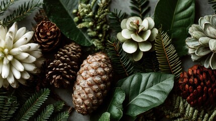 Christmas flat lay of Winter greenery decoration with pine cones and berries arranged in creative pattern on light background