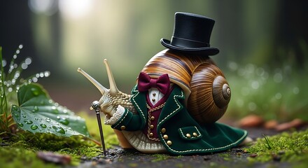 Dapper snail in formal attire walks through a misty forest.