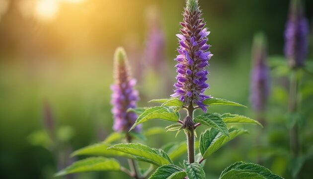 Purple Korean mint flowers bloom in a sunlit garden. Green leaves and stalks show texture. This aromatic herb attracts pollinators in summer. Natural beauty with soft light.