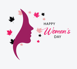 Happy Womens Day Greeting Card with Female Profile and Leaves