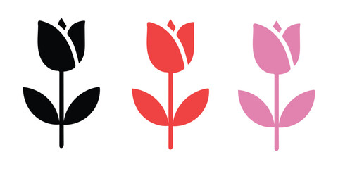 Tulip Flower Icons in Black Red and Pink Colors for Floral Design