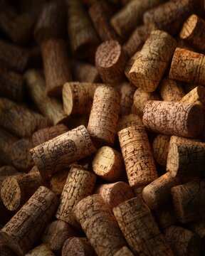 A dense pile of used wine corks filling the frame, showcasing varied textures and imprinted winery marks.