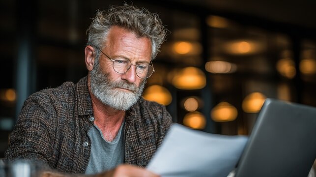 Happy busy older professional businessman using laptop holding bill in office