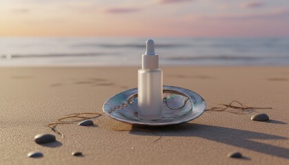 White frosted dropper bottle with skincare serum resting on an iridescent abalone shell on a sandy beach with the ocean and sunset sky in the background.