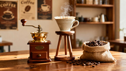 A warm vintage pour-over coffee scene with a classic grinder, harmonious colors, and an elegant artisanal atmosphere.