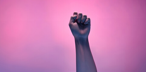 Banner with woman fists in fight. International Day for the Elimination of Violence against Women. November 25. Feminism. International Women's Day. Pink background. March 8.