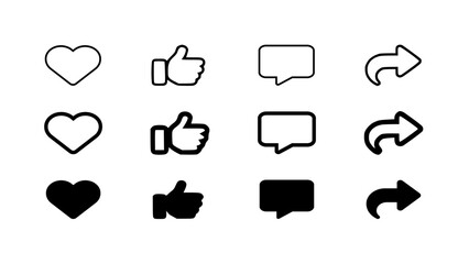 Social Media Icon Set Heart, Thumbs Up, Comment, and Share Symbols in Outline and Solid Styles