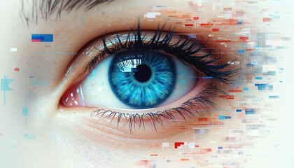 Closeup on human blue eye with digital data stream effect. Concept for future tech vision data processing. Artificial intelligence eye scan and augmented reality interface visual effects.