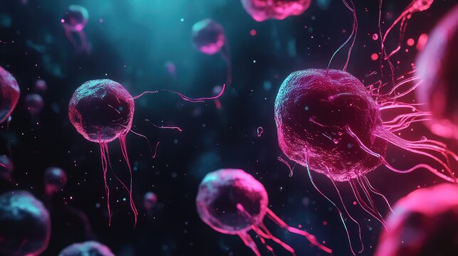 Microscopic cells floating in abstract scientific environment