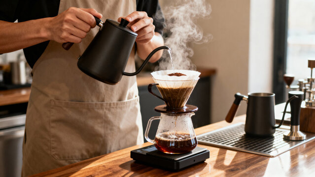 Barista preparing specialty coffee with soft complementary colors and a refined, artisanal workstation.