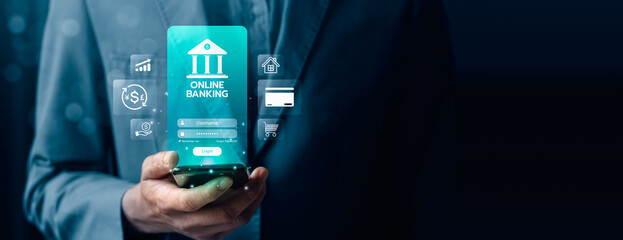 Online banking and digital finance concept with businessman using smartphone for secure...