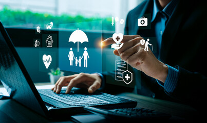 Digital insurance technology concept with businessman hand selecting family protection, health,...