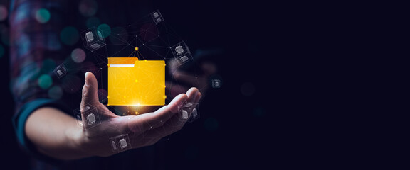 Digital file management system with data tools for smart cloud storage, secure information organization, futuristic hologram folder interface for data access, protection, efficient collaboration