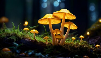 Luminous Yellow Mushrooms In A Dark Forest Setting