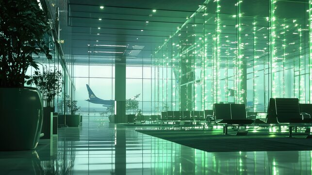 Airport terminal interior with futuristic data display wall