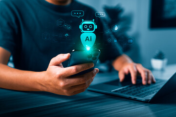 AI chatbot assistant and smart technology communication concept with person using smartphone and laptop, showing artificial intelligence for automation, data interaction, and digital innovation.