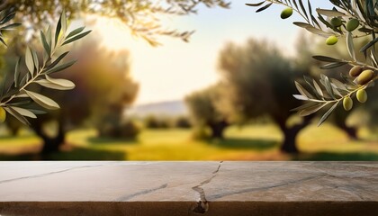 Empty Stone Table With Blurred Olive Trees Background With A Outdoor Theme Template For Display Of Product Olive Oil And Olives Background For Your Photo Montage
