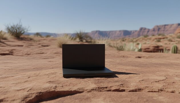 Black Laptop Placed on Desert Rock, Open in a Remote Arid Landscape with Mountains