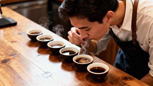Barista pouring hot water over coffee grounds in a pour-over, warm harmonious colors, soft steam, elegant artisanal mood. - Powered by Adobe