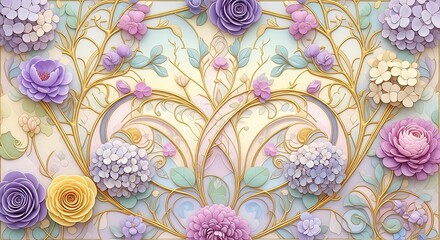 Pastel floral arrangement with gold scrollwork on a textured background.