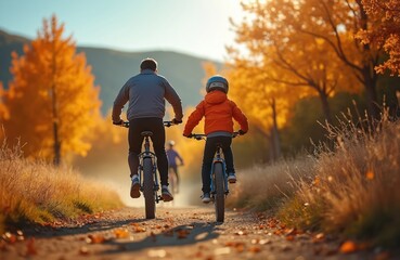 Father and child cycle along forest path in autumn. Dad rides bike with kid in helmet. Family enjoys outdoor biking adventure amid colorful fall foliage scene. Healthy lifestyle concept.
