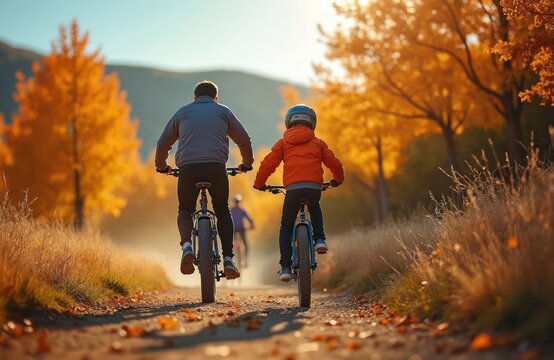 Father and child cycle along forest path in autumn. Dad rides bike with kid in helmet. Family enjoys outdoor biking adventure amid colorful fall foliage scene. Healthy lifestyle concept.