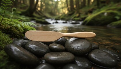 Eco-friendly wooden butter knife resting on wet river stones in a lush mossy forest stream