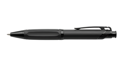A sleek, black tactical pen with a clip, isolated on transparent background