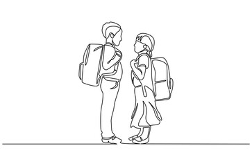 Continuous one line drawing of happy smiling little boy and girl. Single line drawing illustration of children park together for fun. Happy Children day concept vector art. Doodle line illustration.