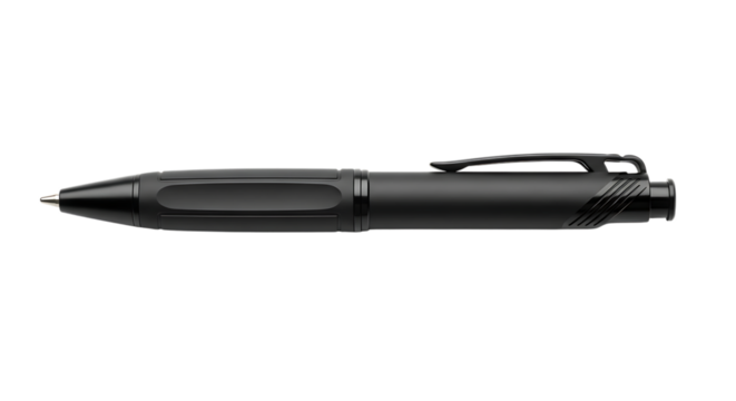 A sleek, black tactical pen with a clip, isolated on transparent background