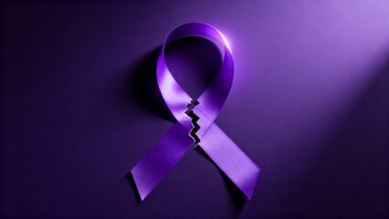 3D render of a restored purple ribbon glowing softly on a dark background, symbolizing resilience and the fight against violence against women.