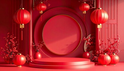 Chinese New Year festive mockup with red and gold palette, lanterns, fireworks, plum blossoms, Chinese knots, elegant paper-cut style, high-detail background for banners, posters, and social media
