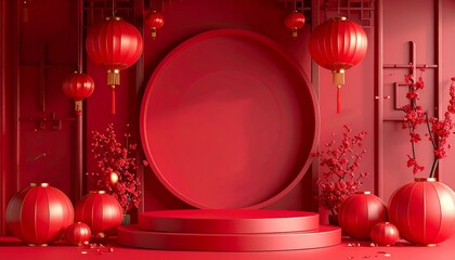 Chinese New Year festive mockup with red and gold palette, lanterns, fireworks, plum blossoms, Chinese knots, elegant paper-cut style, high-detail background for banners, posters, and social media