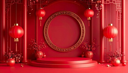 Chinese New Year festive mockup with red and gold palette, lanterns, fireworks, plum blossoms, Chinese knots, elegant paper-cut style, high-detail background for banners, posters, and social media