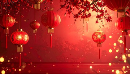 Chinese New Year festive mockup with red and gold palette, lanterns, fireworks, plum blossoms, Chinese knots, elegant paper-cut style, high-detail background for banners, posters, and social media