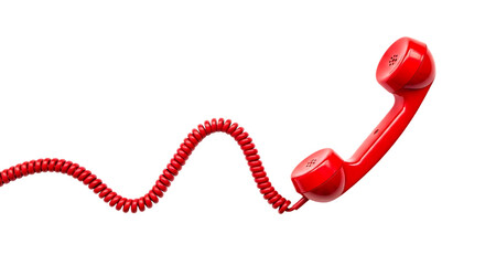 Red telephone handset with coiled cord isolated on transparent background