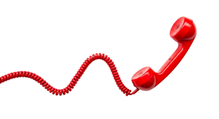 Red telephone handset with coiled cord isolated on transparent background