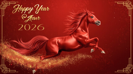 Chinese horoscope. Happy New Year 2026. The symbol of the year is a red fire horse on a red background. Banner for a party and New Year's Eve.