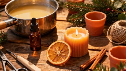 A warm Christmas candle-making workspace with natural materials.