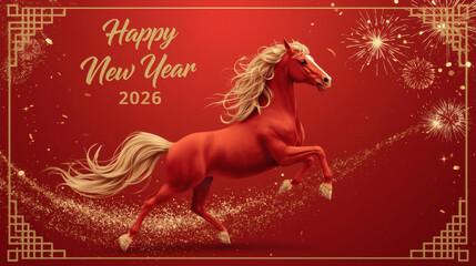 Chinese horoscope. Happy New Year 2026. The symbol of the year is a red fire horse on a red background. Banner for a party and New Year's Eve.