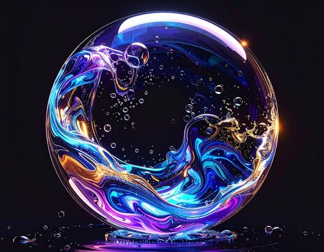A vibrant orb with flowing, colorful internal liquid. The glass sphere sits on a reflective surface against a dark background
