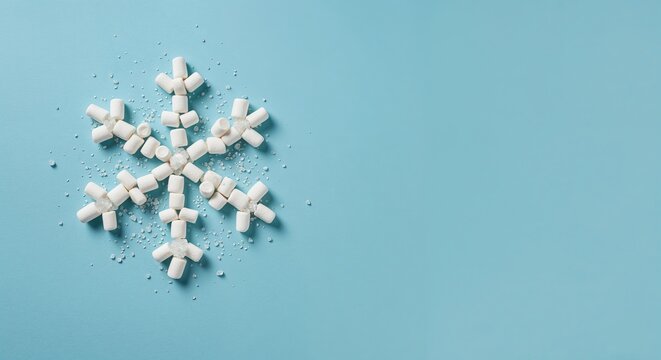 Snowflake shape made from mini marshmallows and sugar on a light blue background.