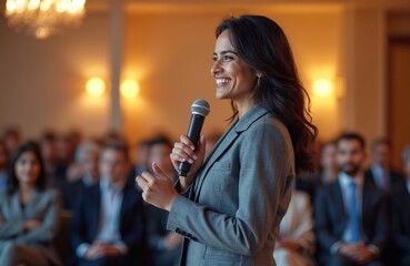 Indian woman in formal suit gives speech at conference. Smiling speaker with microphone addresses audience. Businesswoman giving presentation indoors at a seminar or workshop event.