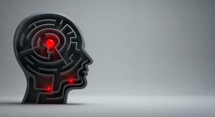 Human head silhouette with a maze inside and a glowing red sphere on a gray background.