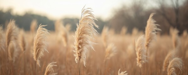 Field of dry pampas grass stalks in earth tones. Soft beige fluffy plumes sway gently in autumn wind. Neutral colors create calm nature backdrop.