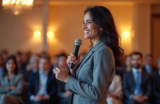 Indian woman in formal suit gives speech at conference. Smiling speaker with microphone addresses audience. Businesswoman giving presentation indoors at a seminar or workshop event. - Powered by Adobe