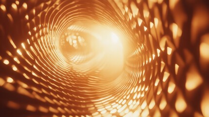 Golden abstract light tunnel with twisting vortex pattern