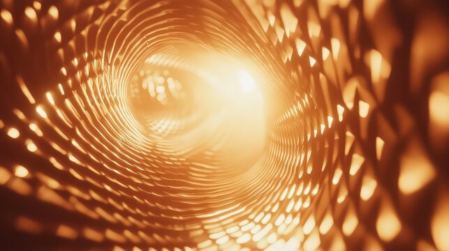 Golden abstract light tunnel with twisting vortex pattern